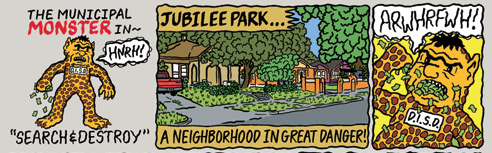 Jubilee Park vs Dallas I.S.D., Awesome Comics, Online Comics, AwesomeComicsOnline.com, Comic Book Subscriptions, Happy Medium, Sweat Shop Press, Dallas, Comic Shop, Comics Shops, Comic Store, Comic Stores, Trade PaperBacks, Graphic Novels, Dallas Texas, Web Comics, In-Store and Mail Order Comic Book Subscription Service, The FootNotes, Al Dente, Riff Schlitz